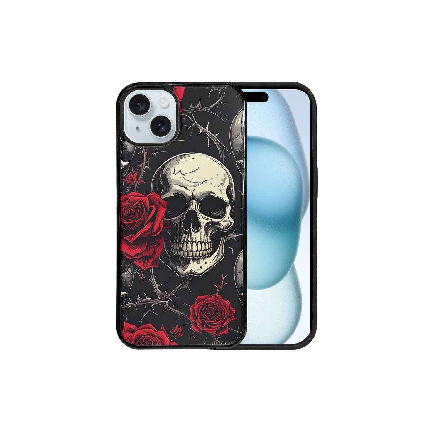 iPhone 15 Plus Case — Ornate Gothic Skulls Roses, Custom Designed Case Cover
