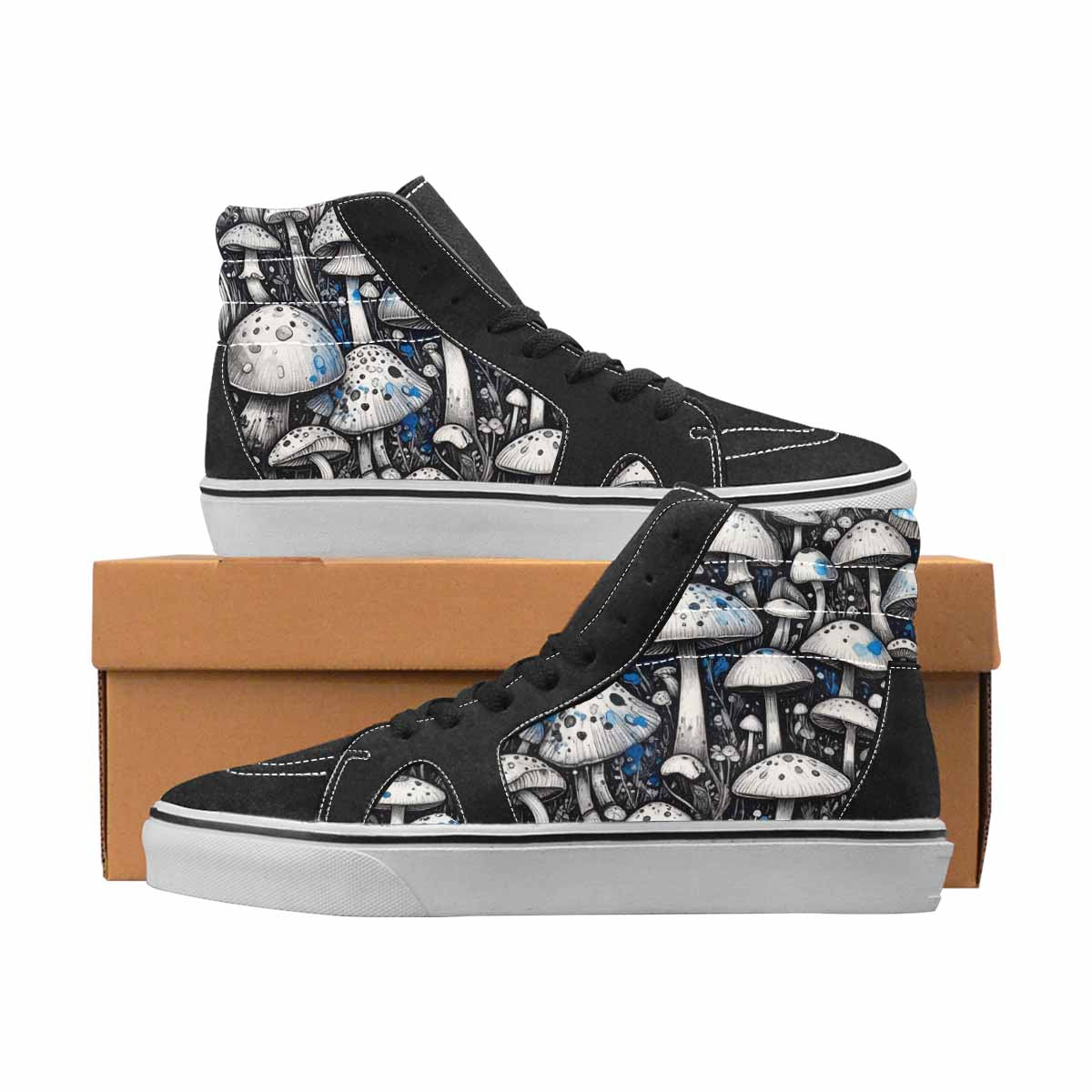 WOMEN'S Mushrooms Black & Blue Ink High Top Canvas Personalized Vivid Original Art Sneakers
