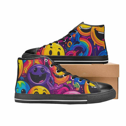 MEN'S Yellow Smiley Face High Top Canvas Wallpaper Art Sneakers