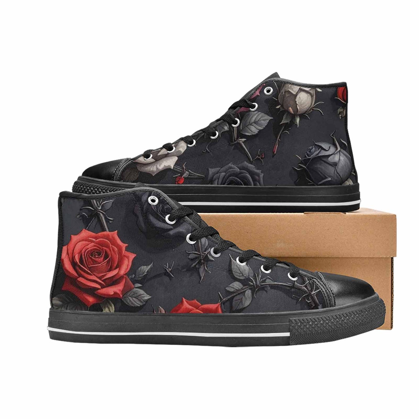 MEN'S Black Gothic Rose High Top Canvas Dark Academia Custom Sneakers