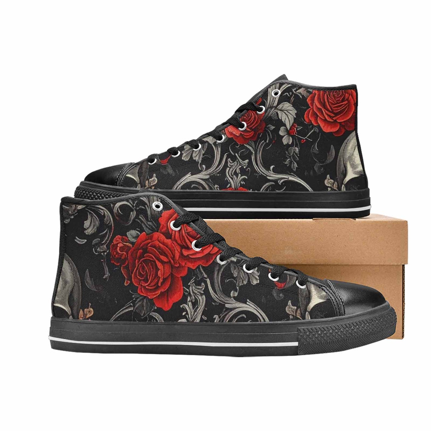 WOMEN'S Skulls Roses Fine Line High Top Canvas Neon Fantasy Shoes