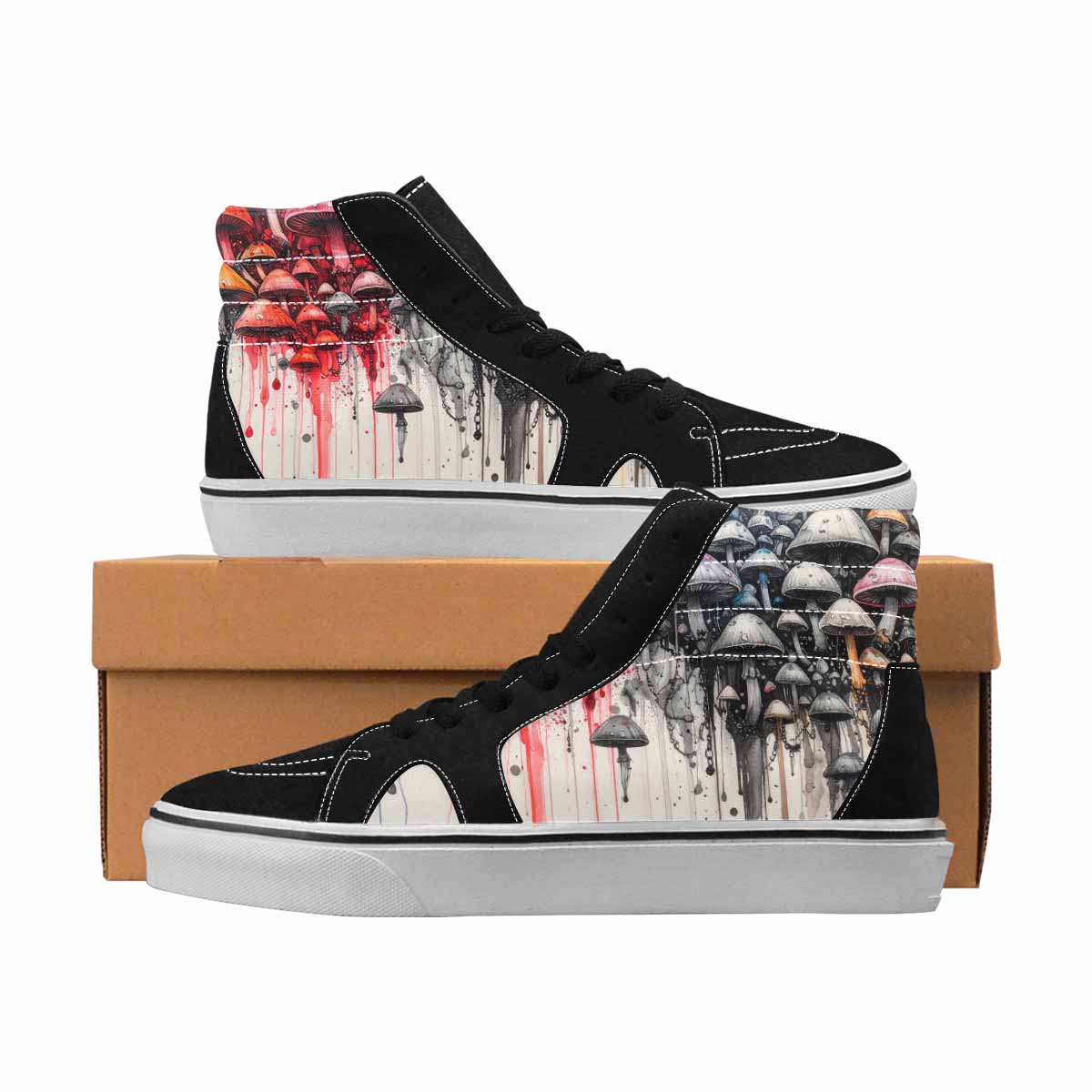MEN'S Mushrooms Black & Red Ink High Top Canvas Custom Design Neon Fantasy Custom Canvas Shoes