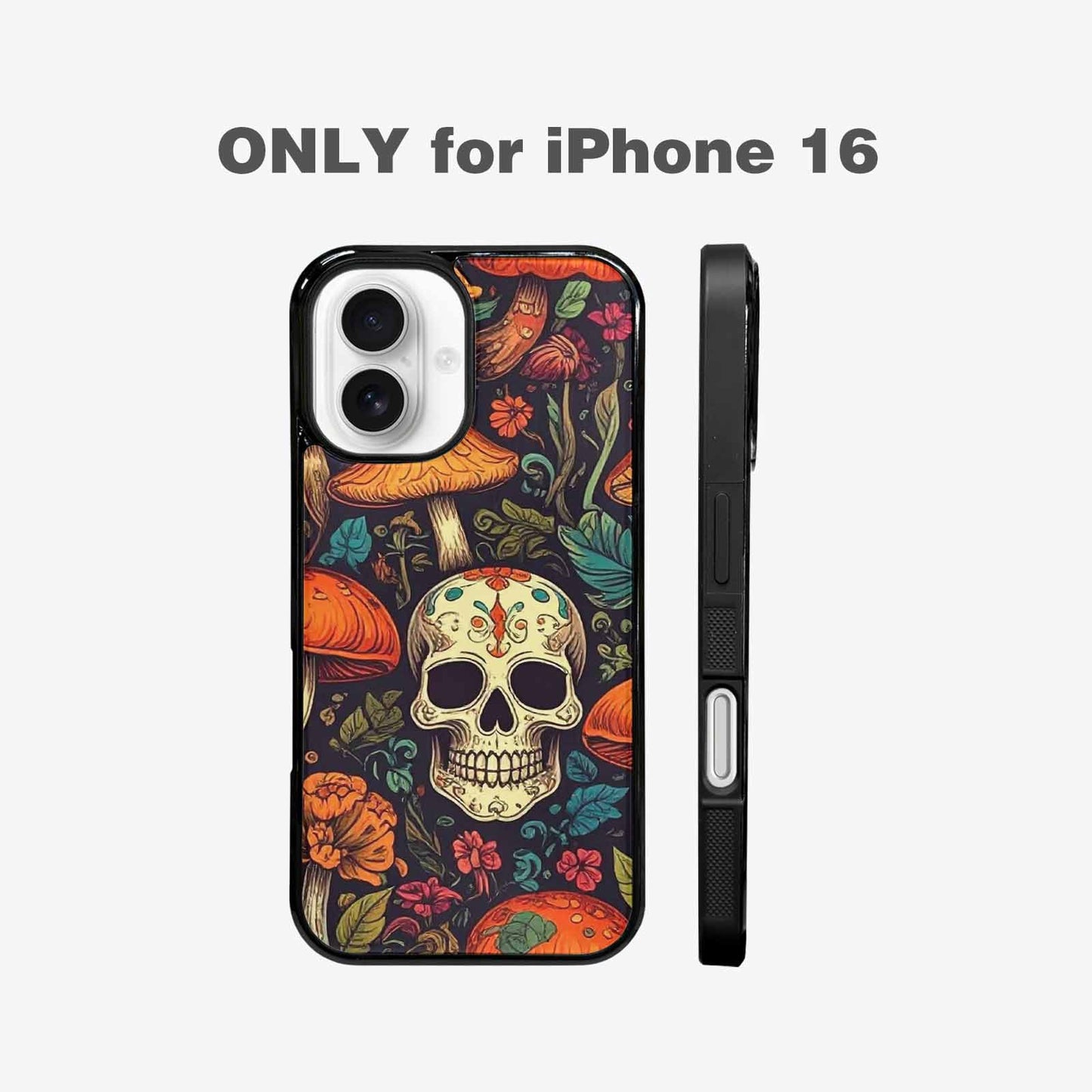 iPhone 16 Case — Mushrooms And Skulls, Custom Made Phone Cover