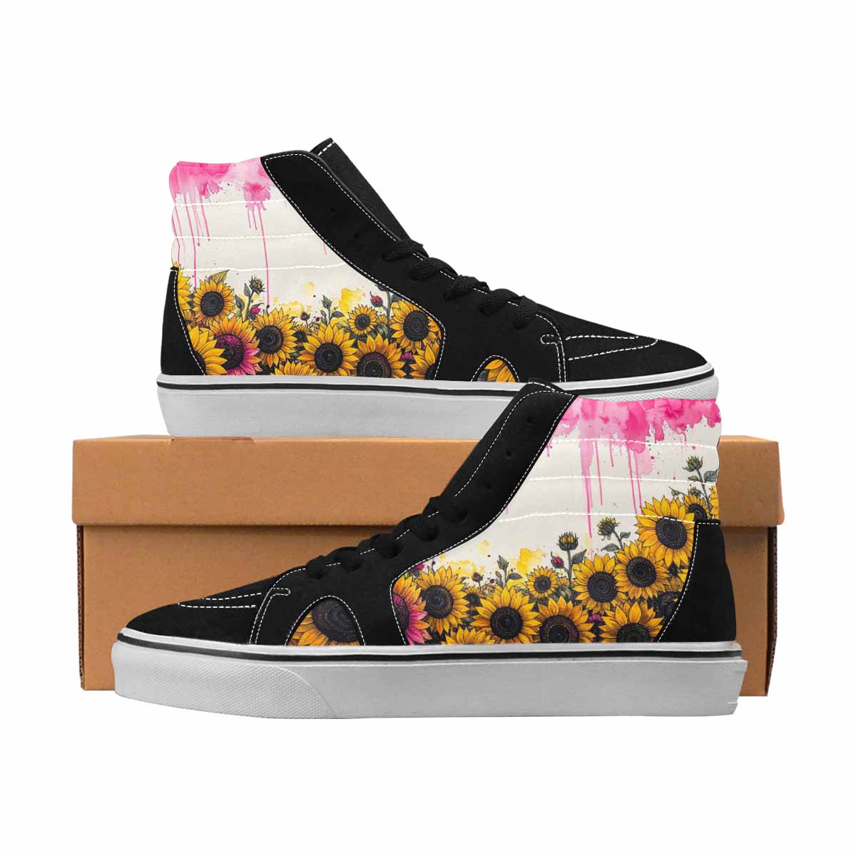 MEN'S Sunflowers Black & Pink Ink High Top Canvas Boutique Melting Art All Over Print Shoes