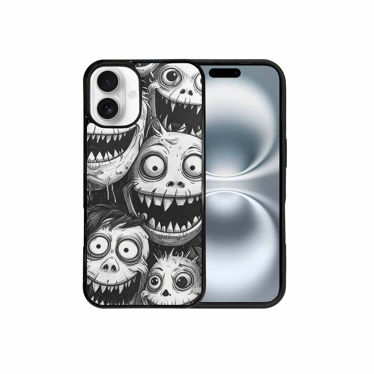iPhone 16 Plus Case — Black And White Monster Face Collage, Custom Print Case Cover