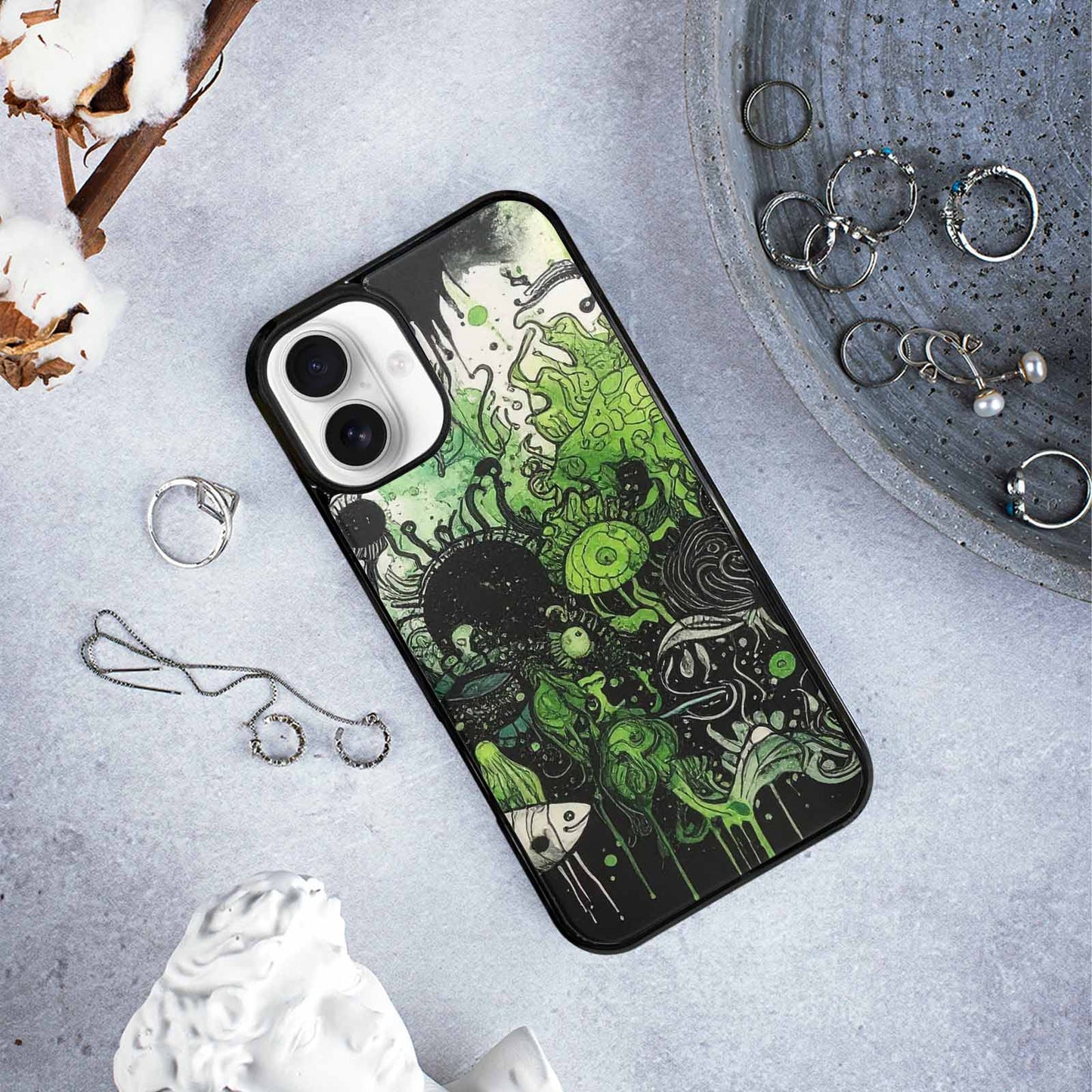 iPhone 16 Plus Case — Sea Creature Burst Black Green Ink, Customized Protective Case