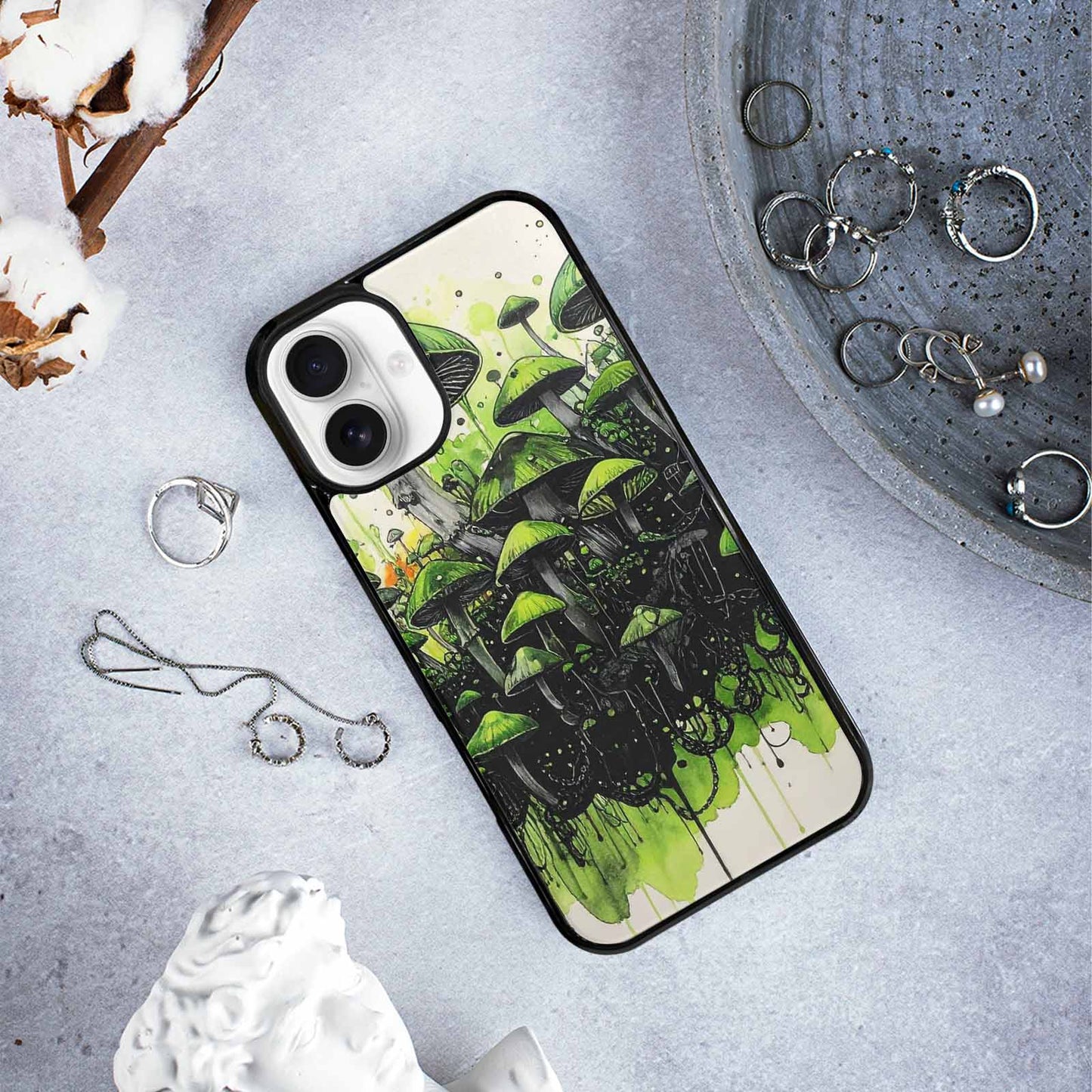 iPhone 16 Plus Case — Rainbow Drip Mushrooms Black Green Ink, Custom Phone Case