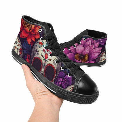 WOMEN'S Lotus Skulls High Top Canvas Wallpaper Art Custom Sneakers
