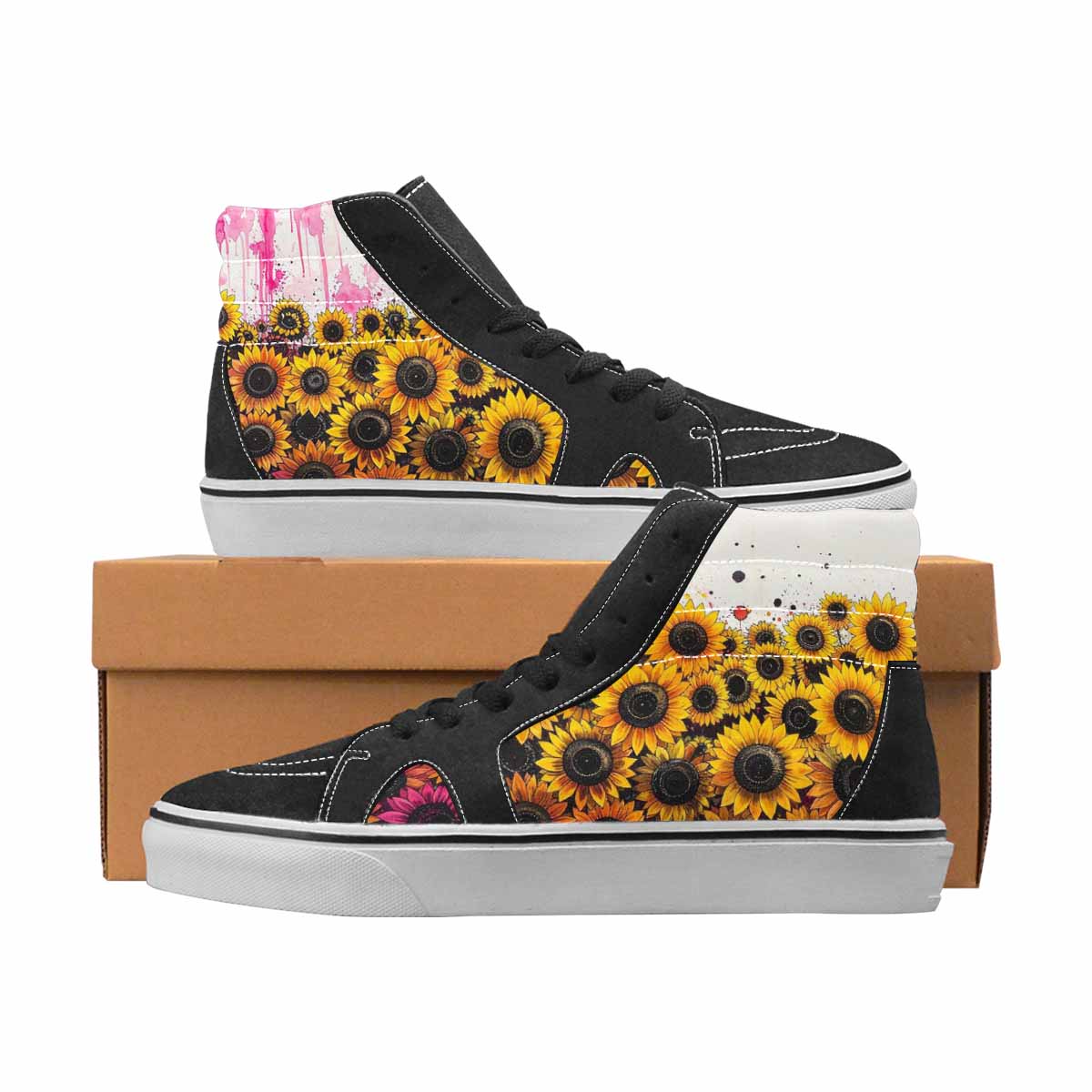 WOMEN'S Sunflowers Black & Pink Ink High Top Canvas Unique Print Wallpaper Art All Over Print Shoes