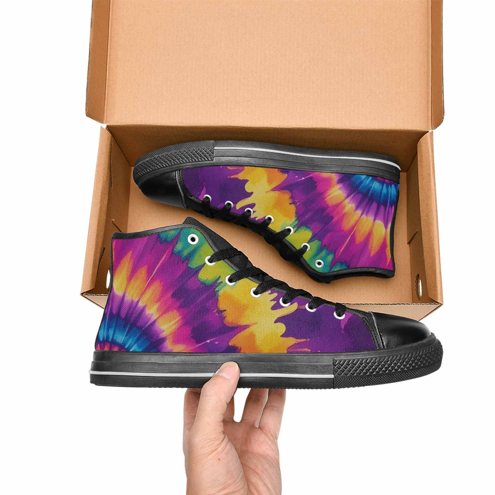 WOMEN'S Tie Dye Neon Spiral Burst High Top Canvas Wallpaper Art Custom Shoes