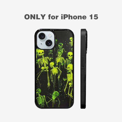 iPhone 15 Case — Skeletons Neon Green Glow Skeletons Pattern, Personalized Phone Case