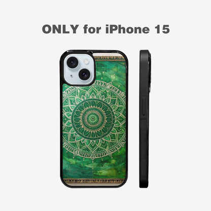 iPhone 15 Case — Green Mandala Bohemian Print Edge To, Custom Made Phone Cover