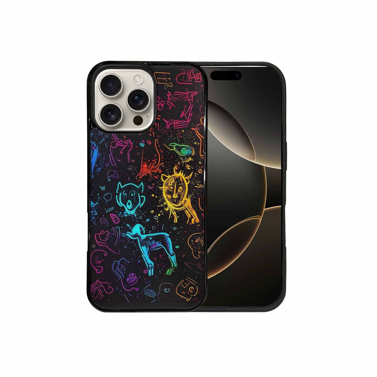 iPhone 16 Pro Max Case — Neon Glow Outline Icon Pattern Hundreds, Customized Protective Case