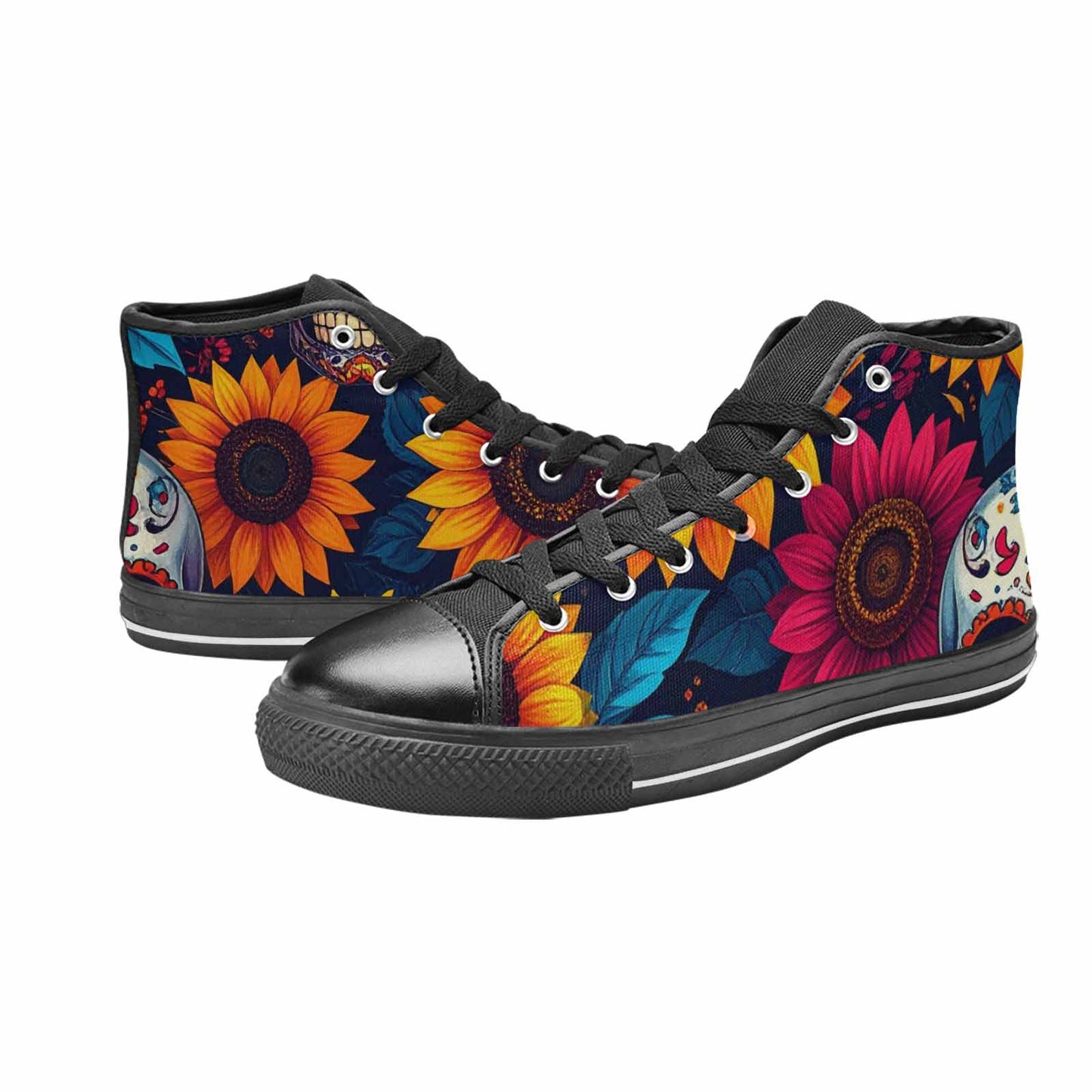 MEN'S Sunflower Skulls Print High Top Canvas Wallpaper Art Sneakers