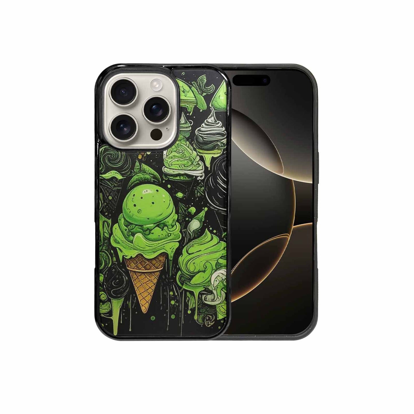 iPhone 16 Pro Case — Ice Cream Motif Black Green Ink, Personalized Phone Case
