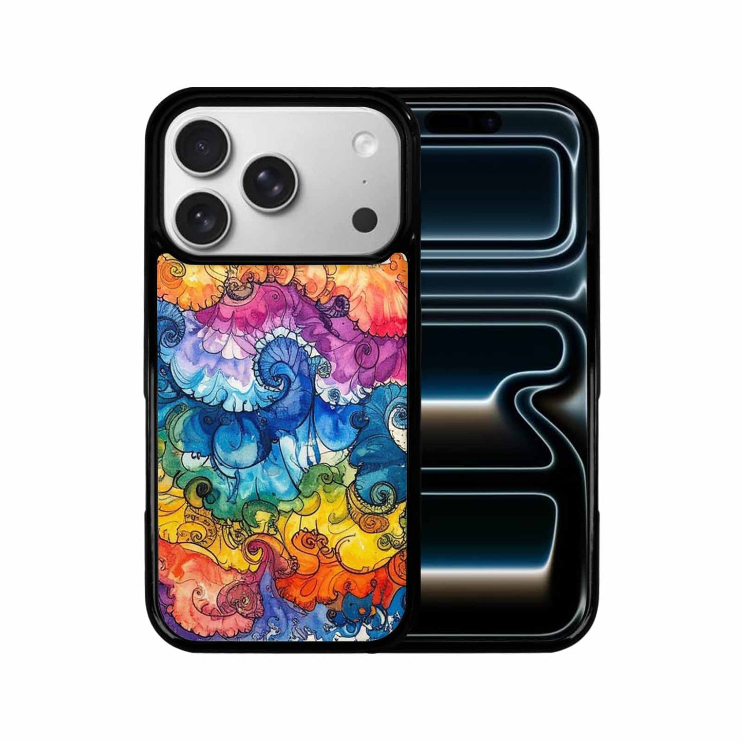 iPhone 17 Pro Case — Tie Dye Swirls Black Blue Tie, Custom Phone Case