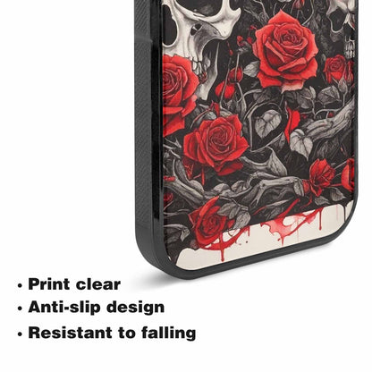 iPhone 15 Plus Case — Skull And Roses Black Red Ink, Unique Phone Case Design