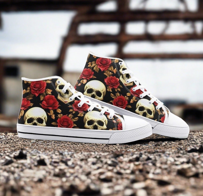 UNISEX Skulls & Roses (Print 3) Custom Sneakers | Freaky Shoes®
