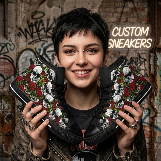 WOMEN'S Skulls & Roses High Top Canvas Shoes (V) | Freaky Shoes®
