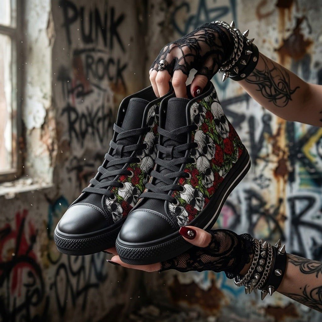 MEN'S Skulls & Roses High Top Canvas Shoes (V) | Freaky Shoes®