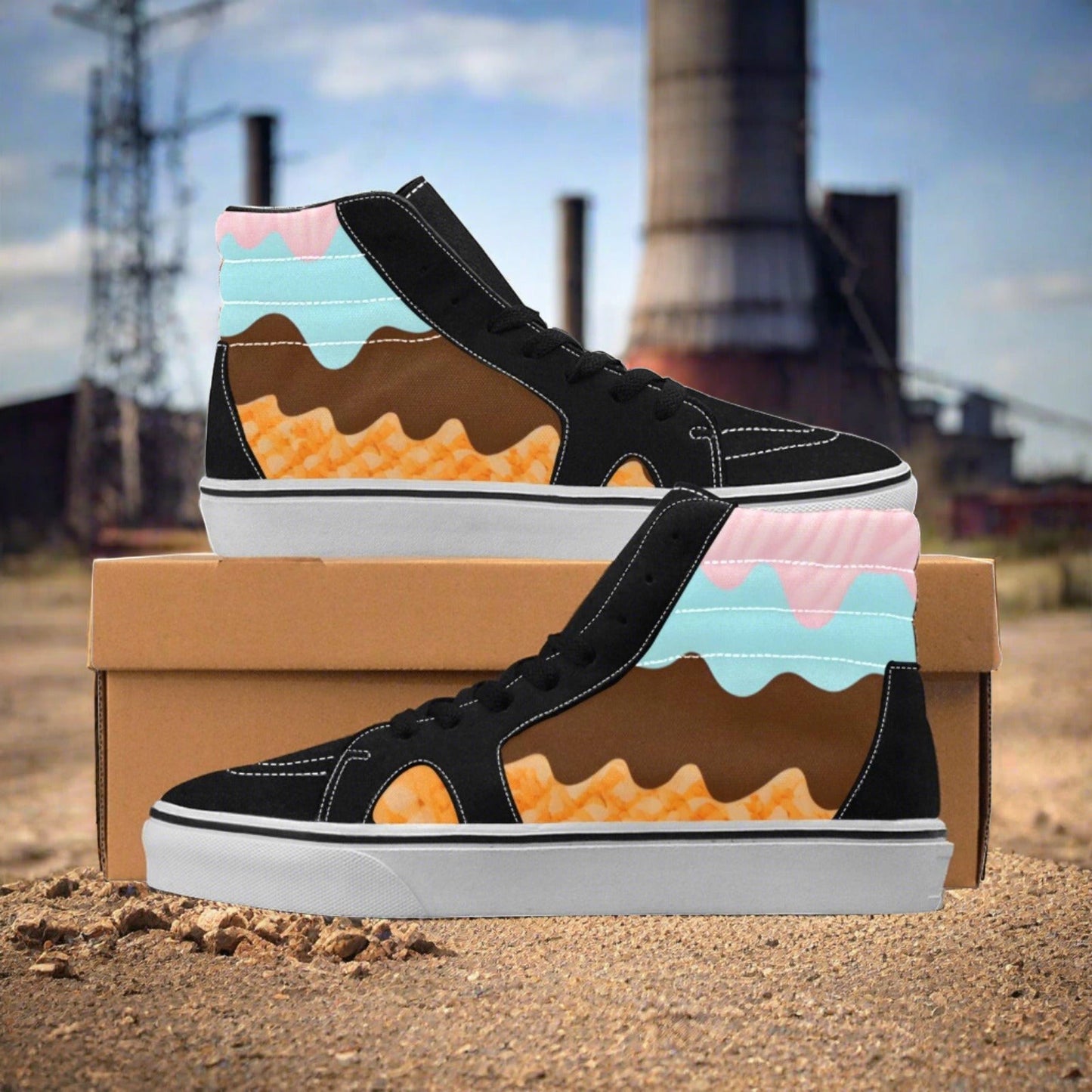 Custom Women's Ice Cream Art Melting Waffle Ice Cream Cone high-top canvas shoes with bold all-over art — Freaky Shoes