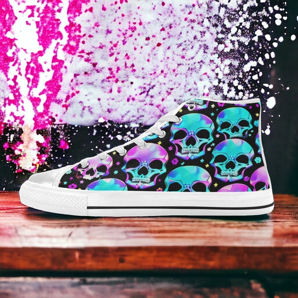 Men's Bright Skulls hand-made high-top canvas shoes — unique wearable art by Freaky Shoes