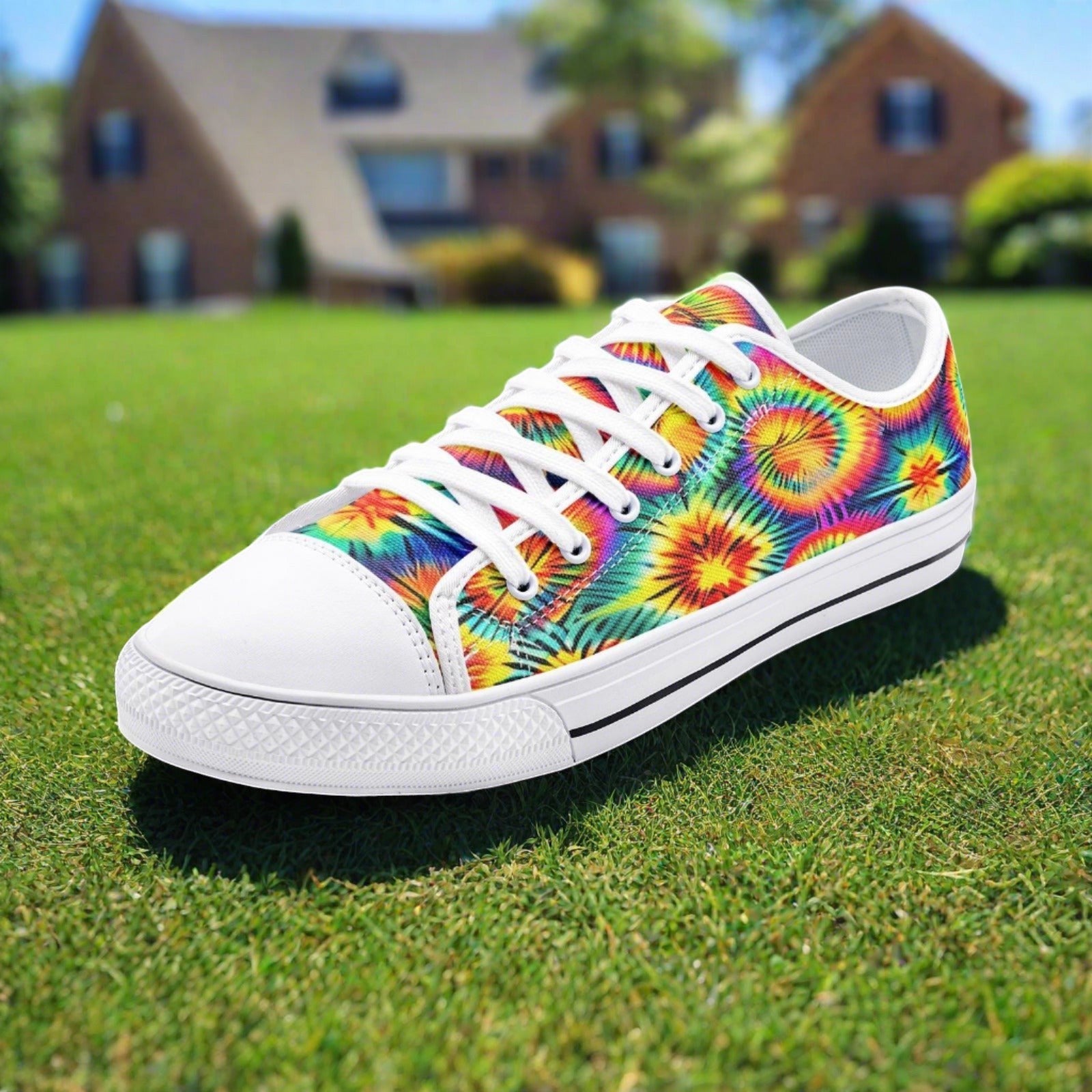 Rainbow Tie Dye high-top canvas shoes, custom full-wrap printed design — Freaky Shoes