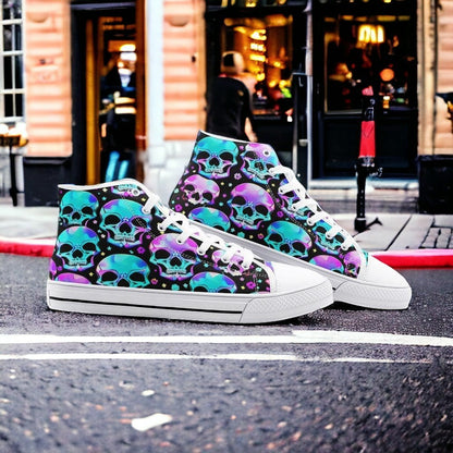 Bright Skulls custom high-top canvas shoes — wearable art by Freaky Shoes