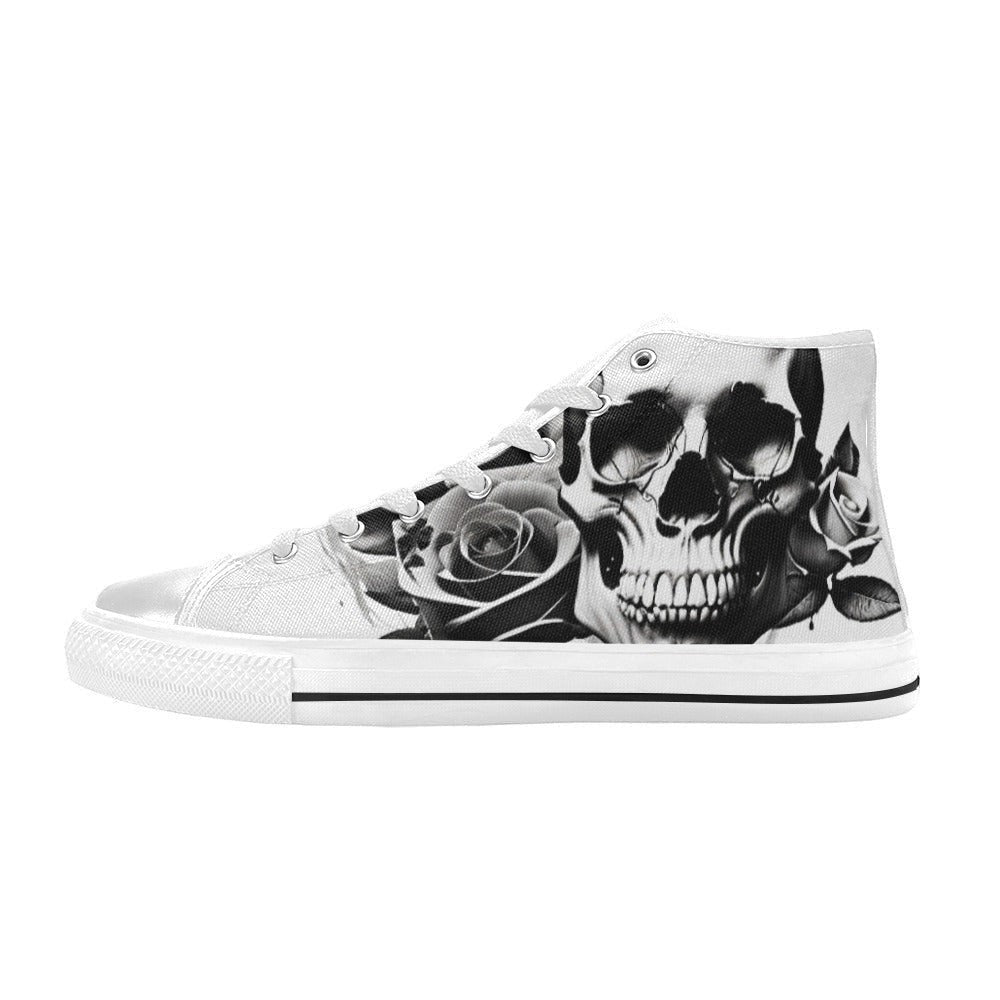 Freaky Shoes custom art sneakers with black and white skull and rose design, made to order