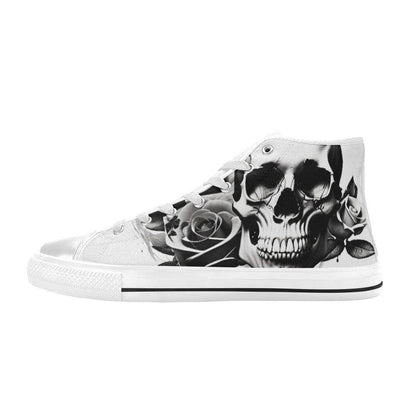 Freaky Shoes custom art sneakers with black and white skull and rose design, made to order