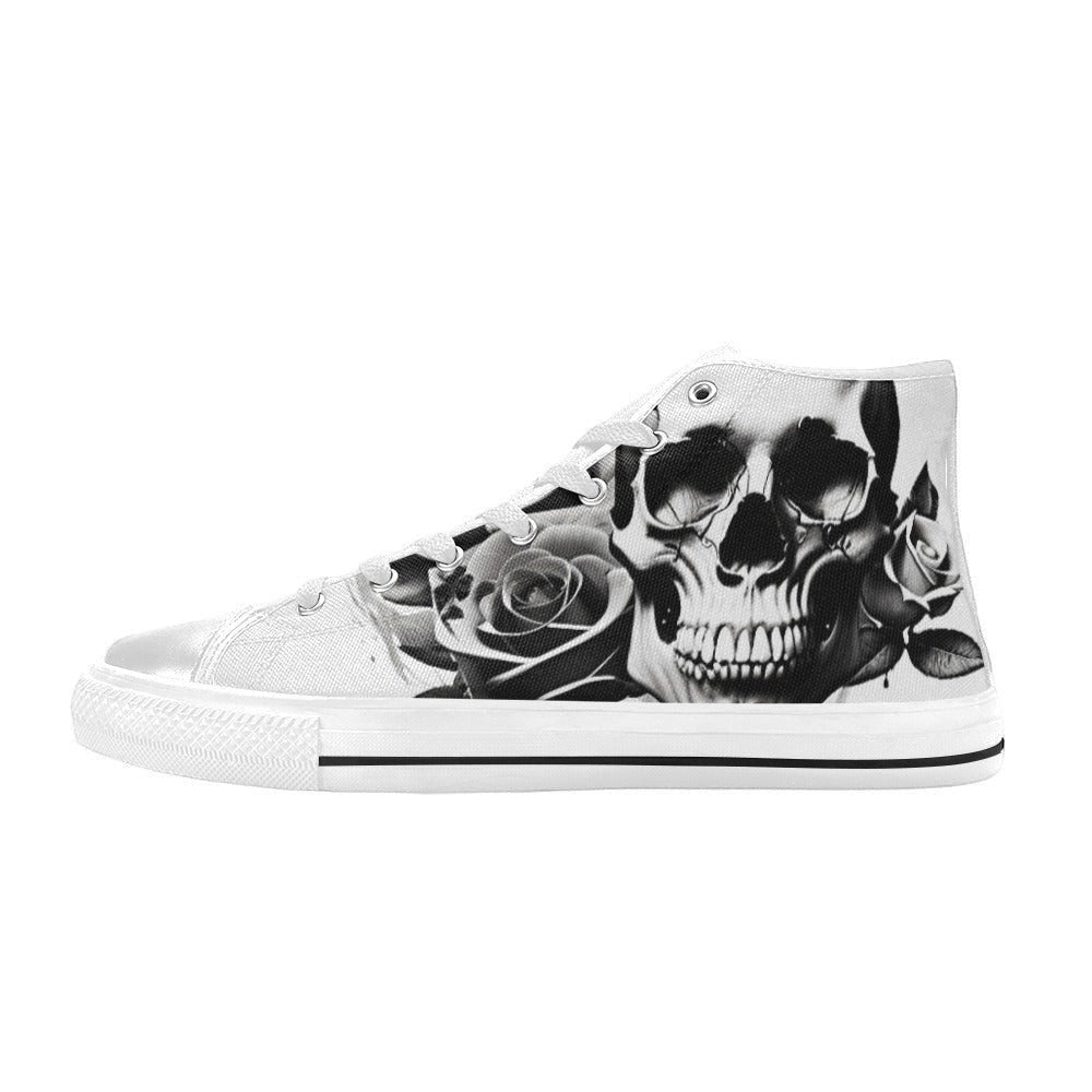 Freaky Shoes custom art sneakers with black and white skull and roses design, made to order