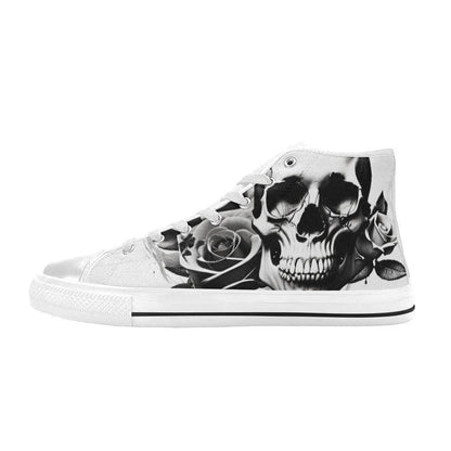 Freaky Shoes custom art sneakers with black and white skull and roses design, made to order