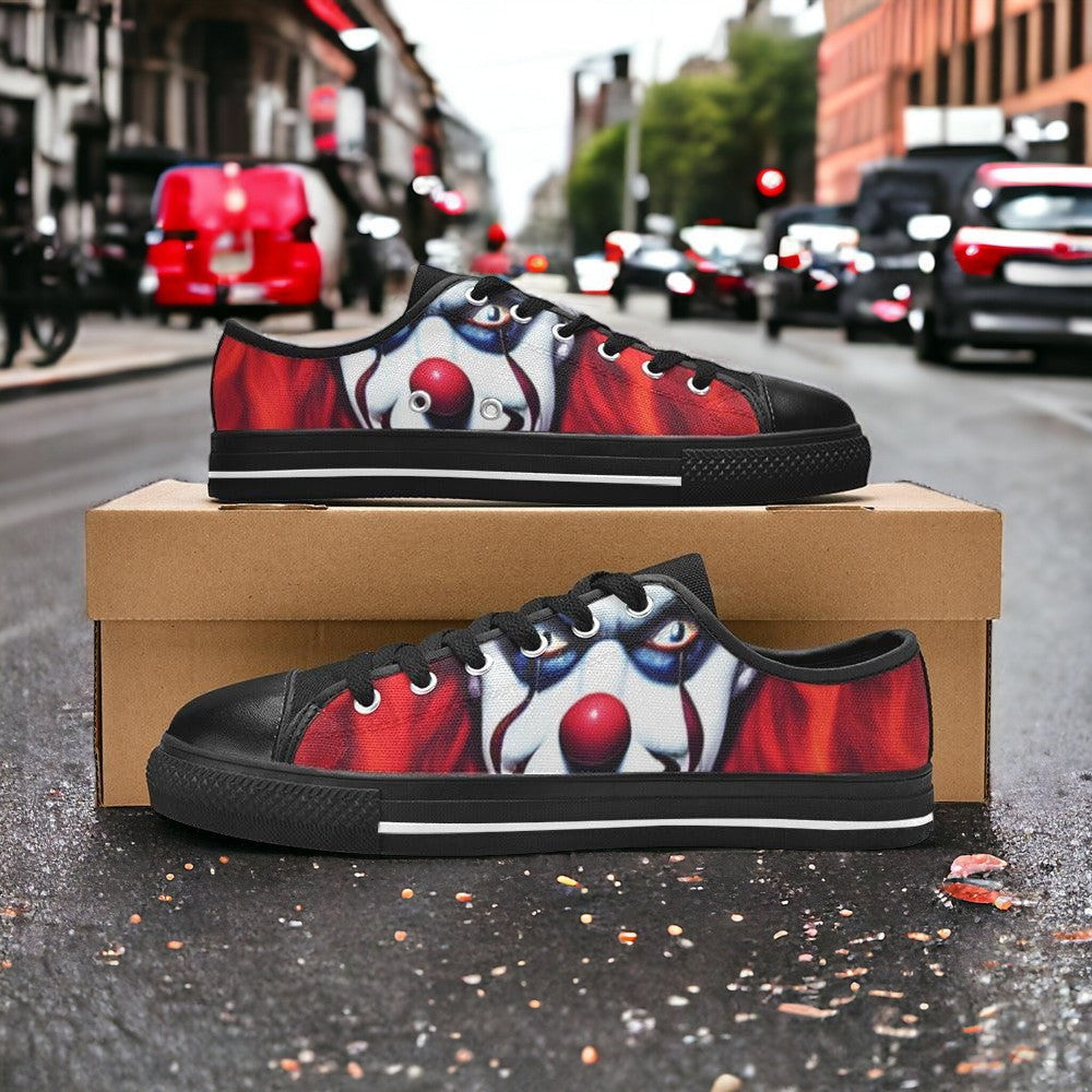 Men's Evil Clown high-top canvas shoes, custom full-wrap printed design — Freaky Shoes
