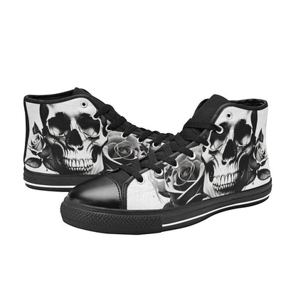 Freaky Shoes custom art sneakers with black and white skull art and roses, made to order