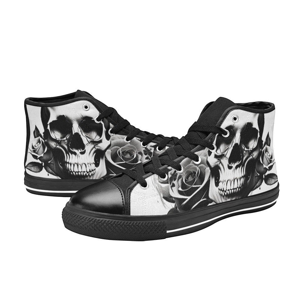 Freaky Shoes custom art sneakers with black and white skull art and roses, made to order