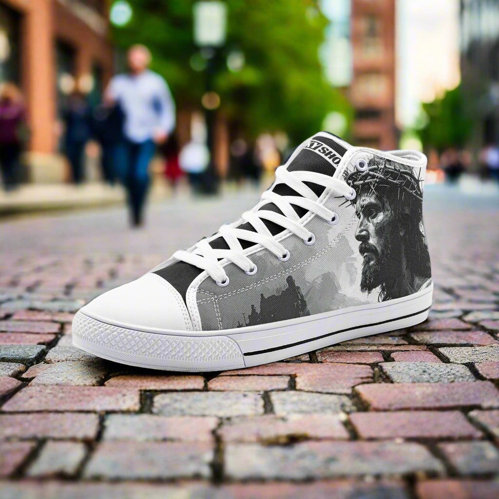 Jesus Unisex custom high-top canvas shoes — wearable art by Freaky Shoes