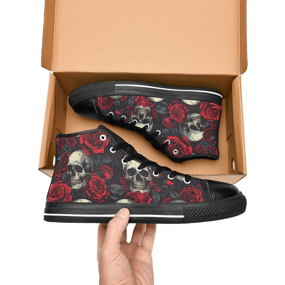 WOMEN'S Skull And Roses High Top Canvas Vivid Custom Sneakers