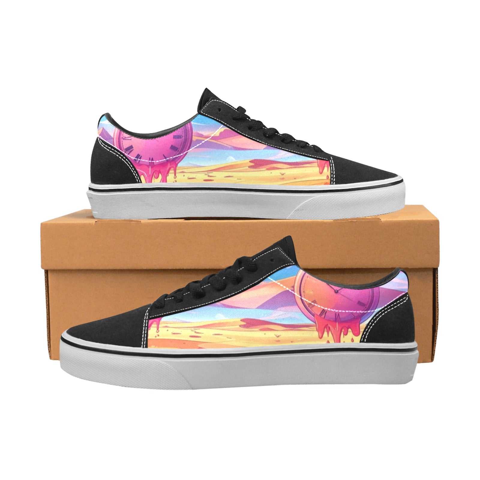 WOMEN'S Surrealist Dreamscape Pattern, Melting Low Top Skateboarding Grunge Custom Shoes