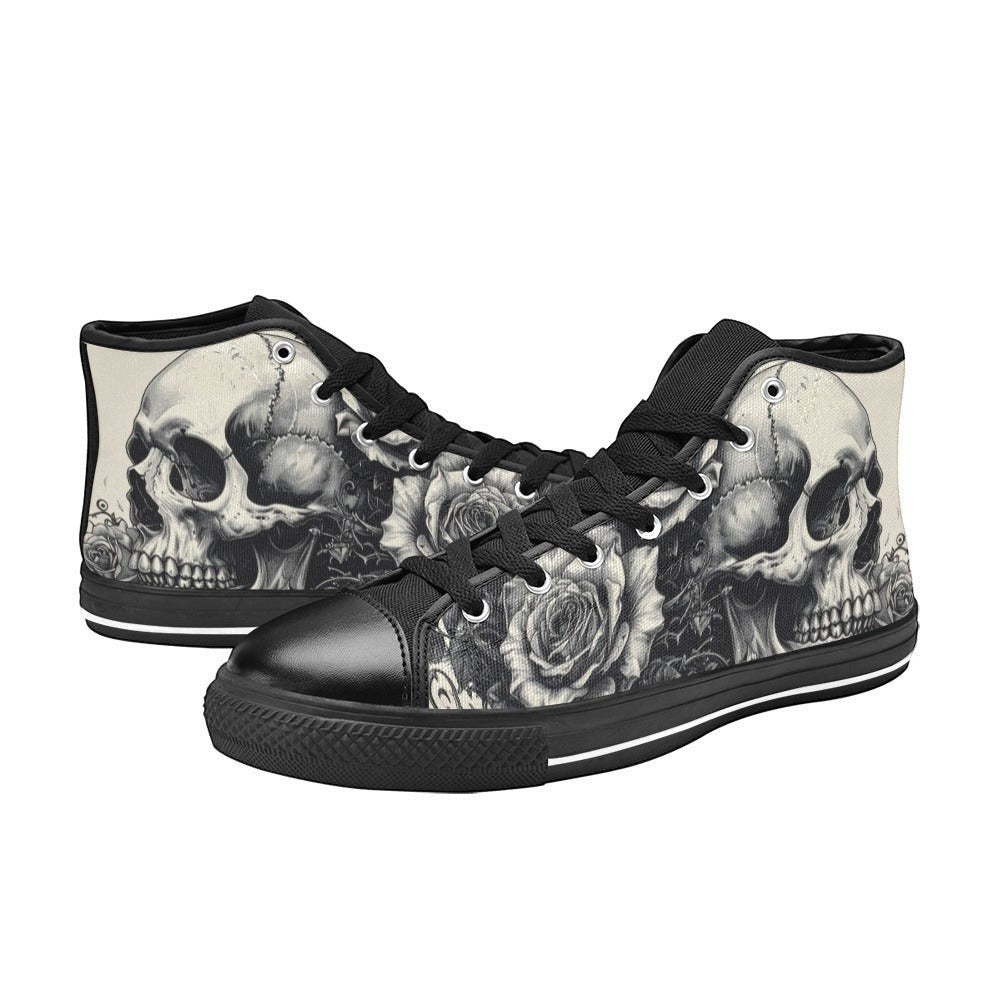 Freaky Shoes custom art sneakers with skull and rose design, made to order wearable art