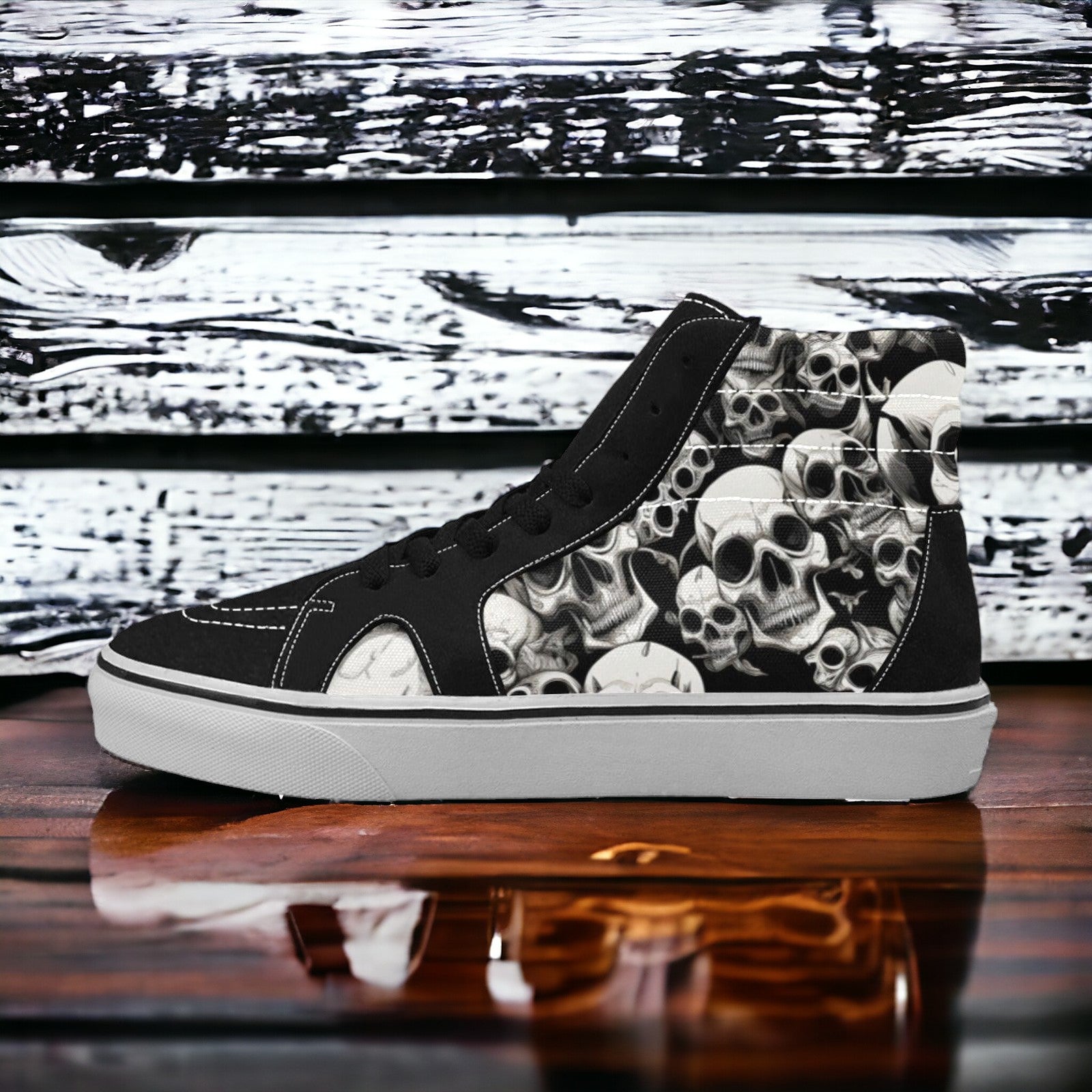 Men's Skulls Mania custom high-top canvas shoes — wearable art by Freaky Shoes