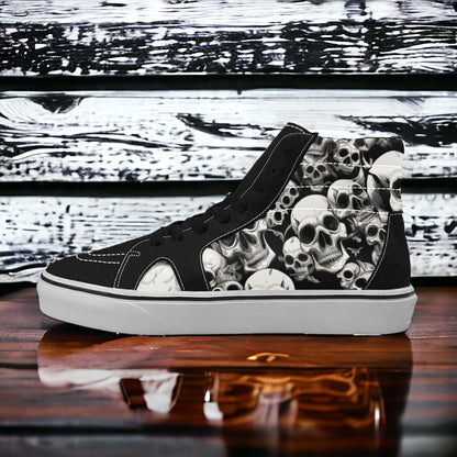 Men's Skulls Mania custom high-top canvas shoes — wearable art by Freaky Shoes