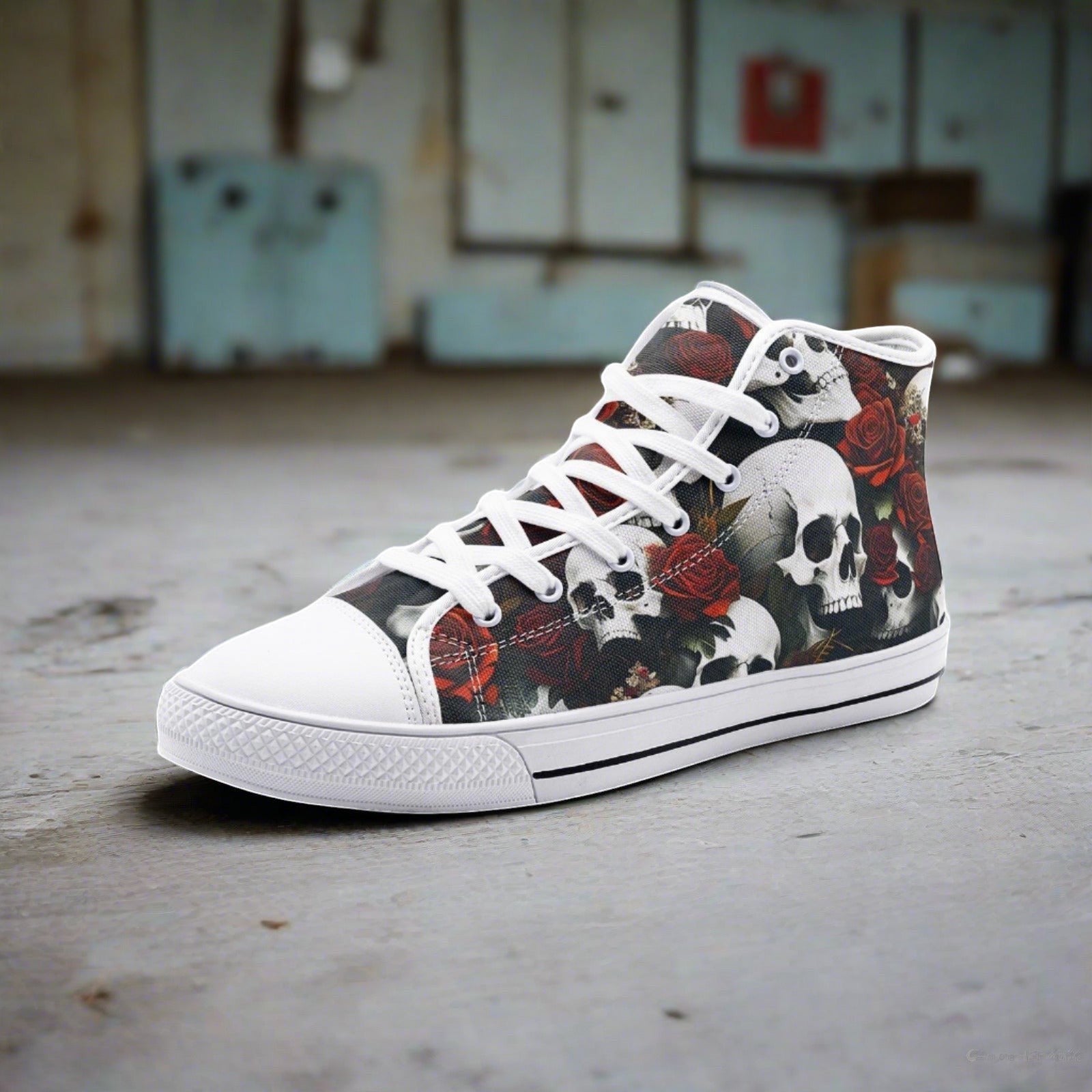 Skulls & Roses high-top canvas shoes, custom full-wrap printed design — Freaky Shoes