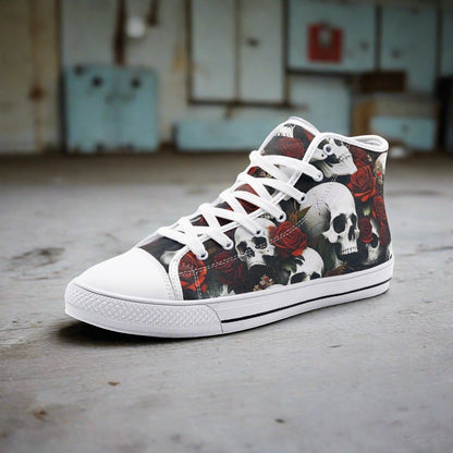 Skulls & Roses high-top canvas shoes, custom full-wrap printed design — Freaky Shoes