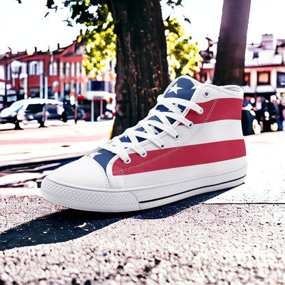 Patriotic USA Flag custom high-top canvas shoes — wearable art by Freaky Shoes