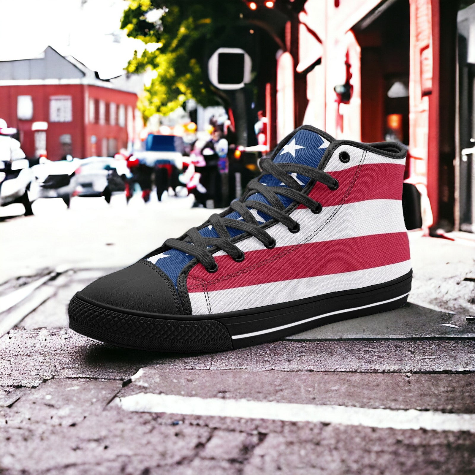 Patriotic USA Flag hand-made high-top canvas shoes — unique wearable art by Freaky Shoes