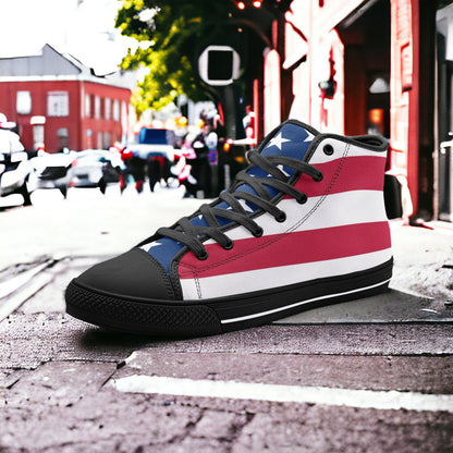 Patriotic USA Flag hand-made high-top canvas shoes — unique wearable art by Freaky Shoes
