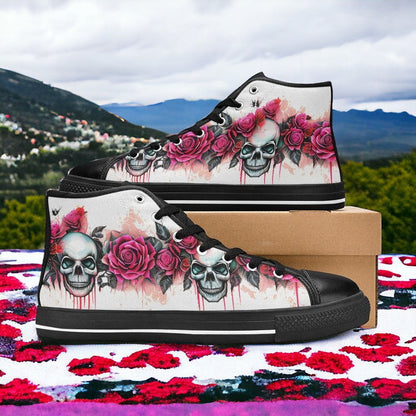 Custom Men's Skulls Roses Deluxe high-top canvas shoes with bold all-over art — Freaky Shoes