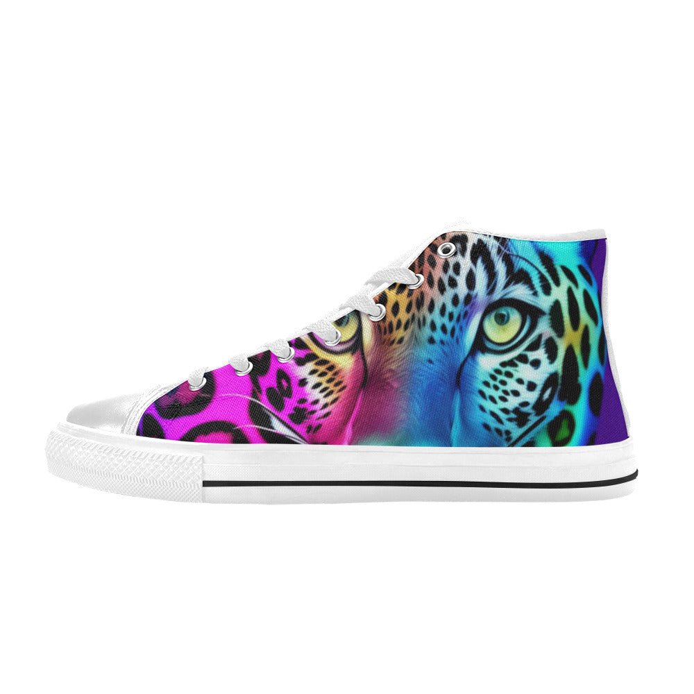 WOMEN'S Colored Leopard Print Art High Top Canvas Vibrant Chaos Sneakers