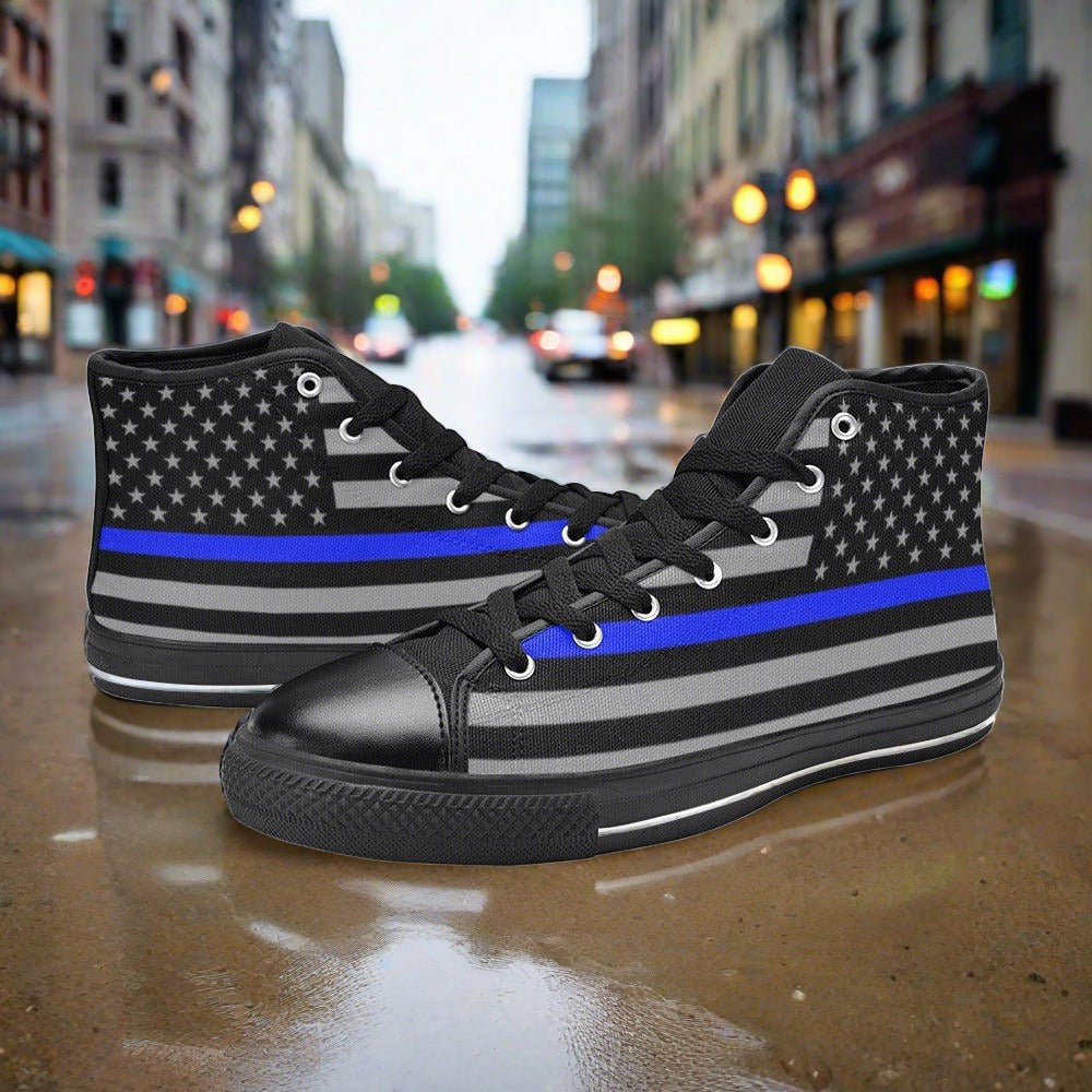 Women's Thin Blue Line Flag Themed custom high-top canvas shoes — wearable art by Freaky Shoes