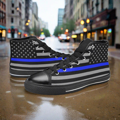 Women's Thin Blue Line Flag Themed custom high-top canvas shoes — wearable art by Freaky Shoes